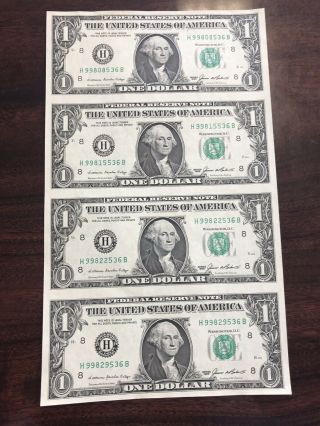 $1 1985 Uncut Sheet Of 4 Federal Reserve Notes