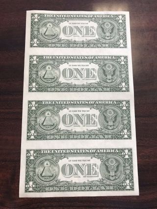 $1 1985 Uncut Sheet of 4 Federal Reserve Notes 2