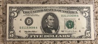 1995 $5 Federal Reserve Note Crisp