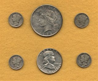 Us 90 Silver Coins 1 - 1923 - D Peace Dollar,  1 - Silver Half,  4 - Mercury Dimes