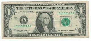 1999 Us $1 Dollar Bill Fancy Serial Number Repeater Currency Mule Note H01190119