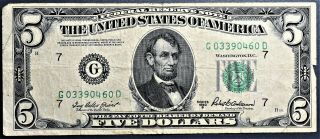 1950 - B $5 Five Dollar Bill Federal Reserve Note Fr 1961 - G A1156