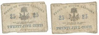 Two Csa Bank Of South Carolina Fractional Bank Notes,  25 Cents,  Issued 2/1/63