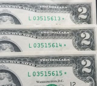 3 Consecutive $2 Two Dollar Bill Star Notes Crisp Lightly Circ.  Semi Low Run