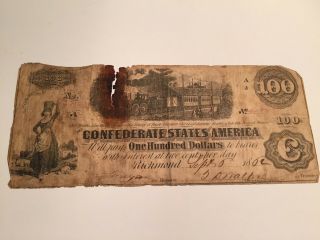 Confederate States Of America One Hundred Dollars Note Dated Sept 6,  1862