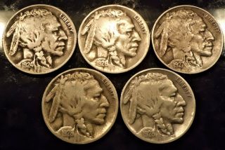 Set Of Buffalo Nickels 1924,  1926 1927,  1928,  1928 - S Full Dates