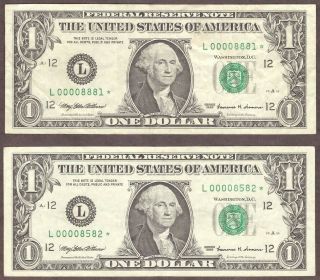 (2) 1999 $1 Frn Star Notes San Francisco - L 00008582 & L 00008881 - F/vf