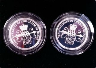 1989 - U.  K.  2 Pound.  925 Silver Proof Two Coin Set 15.  98gr.  Each Coa/box L4910