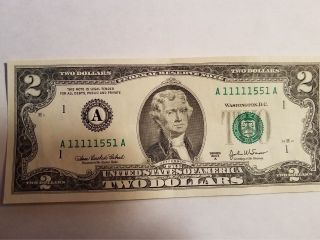 $2 Two Dollar Bill,  Series 2003 A,  Binary Serial A 11111551 A,  Ones And Fives