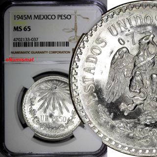 Mexico Estados Unidos Mexicanos Silver 1945 M Peso Ngc Ms65 Km 455