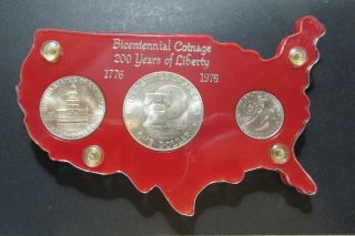 1976 - S Bicentennial Silver Uncirculated 3 - Coin Vintage America Map Holder Red
