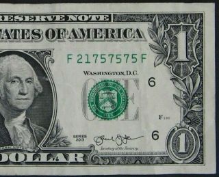 2013 $1 (one Dollar) – Note,  Bill - Fancy Serial Number – " 21 75 75 75 "