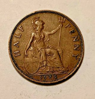 Great Britain 1/2 Penny 1934 Km 837 Xf,  George V 1g