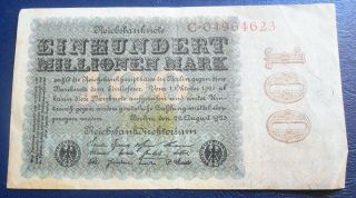 1923 Germany Reichsbanknote 5th Issue 100 Millionen Mark P 107 Uniface Pur9