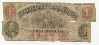 C.  1864 Civil War Era Virginia Treasury Note One Dollar $1.  00 Money Currency