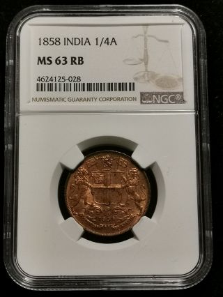 British East India Company 1858 1/4 Anna Copper Coin [ngc Ms 63 Rb]