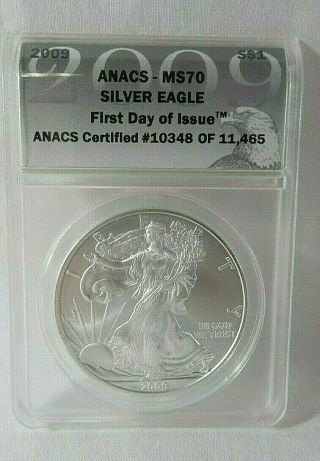2009 Silver American Eagle First Day Of Issue Anacs - Ms70