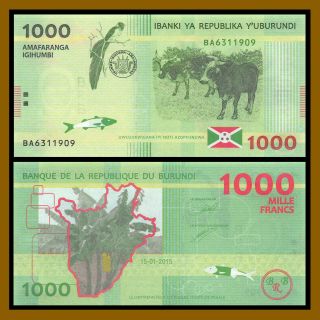 Burundi 1000 (1,  000) Francs,  2015 P - 51 Bird Cattle Fish Banana Trees Unc