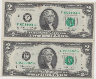 2 Consecutively 1976 $2 Federal Reserve Notes From The Bank Of Atlanta,  Ga