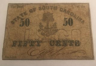 Civil War Confederate 1863 50 Cents Note State Of South Carolina Sc Paper Money