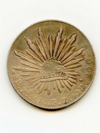 1890 Mexico Silver 8 Reales Zacatecas Cap & Rays