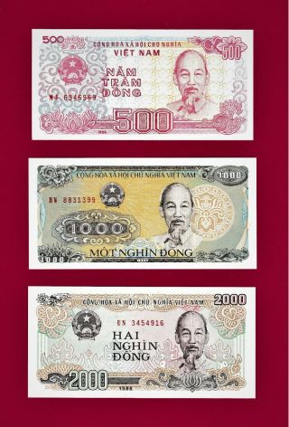 Unc 1988 Vietnam Notes: 500 Dong (p - 101),  1000 Dong (p - 106) & 2000 Dong (p - 107)