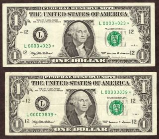 (2) 1999 $1 Frn Star Notes San Francisco - L 00004023 & L 00003839 - F/vf