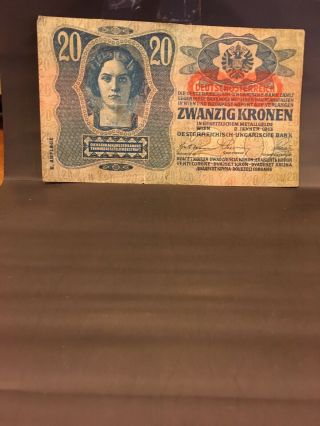 Austria Hungary Empire 20 Kronen 1913 Banknote.  Xf