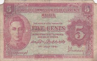 5 Cents Vg Banknote From British Malaya 1941 Pick - 7