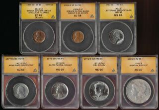 7 Anacs 1¢ To $1 Errors Off - Cntr Broadstrk Clipped Dbl Die Tilted & More No Rs