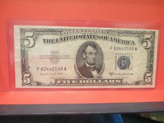 Series 1953b Five Dollar Bill Blue Seal Silver Certificate F82442599a