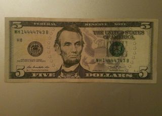 2013 $5 FIVE DOLLAR FEDERAL RESERVE NOTE BILL FANCY SERIAL MH 14444743 B TRINARY 2
