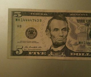2013 $5 FIVE DOLLAR FEDERAL RESERVE NOTE BILL FANCY SERIAL MH 14444743 B TRINARY 3