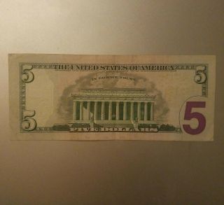 2013 $5 FIVE DOLLAR FEDERAL RESERVE NOTE BILL FANCY SERIAL MH 14444743 B TRINARY 4