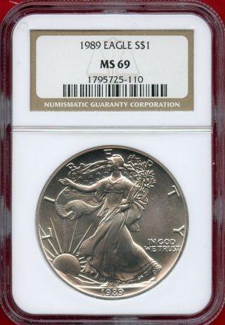 1989 Ngc Ms 69 American Silver Eagle Walking Liberty.  999 1oz Fine Silver $1