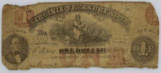 $1.  00 Virginia Treasury Note July 1862 Confederate Currency