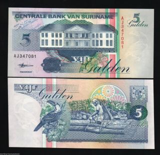 Suriname 5 Gulden P136 1998 Bird Log Truck Unc Currency Money Animal Bank Note