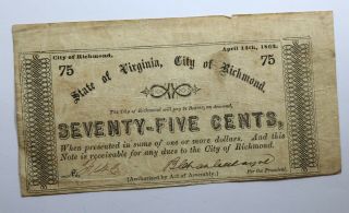 Va2280 - 075 April 14 1862 75c City Of Richmond Virginia Typeset Obsolete Currency