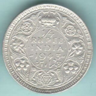 British India 1943 King George Vi Emperor 1/4 Rupee Rare Silver Coin