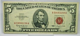 1963 Five $5.  00 Dollars United States Legal Tender Red Seal Note Fr - 1536 1963 $5