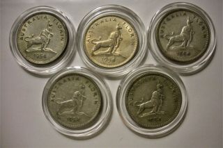 1954 Australia Royal Visit Silver Commemorative Florin Coins - 5 Coins