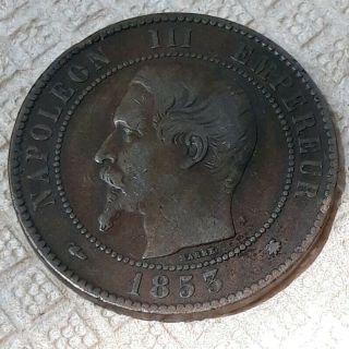 France Napoleon Iii Bronze 1853 Bb 10 Centimes Coin.  Km 771.  3