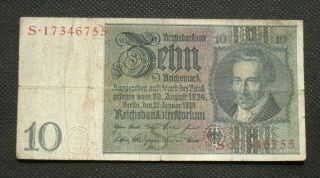Old Banknote Of Third Reich Germany 10 Reichsmark 1929 No.  S17346755