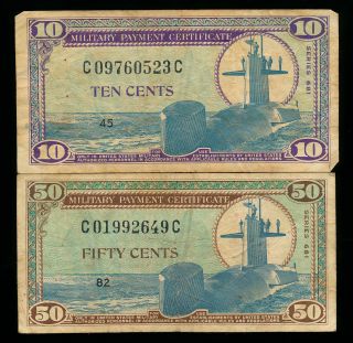 Us Military Payment Certificate Mpc 10 & 50 Cents Notes Series 681