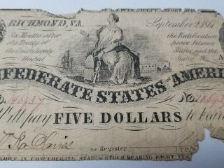 1861 Confederate States Of America Richmond Virginia $5 Banknote