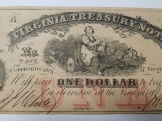 1862 Virginia Treasury Note $1 Dollar Obsolete Note