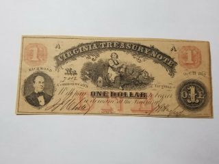 1862 Virginia Treasury Note $1 Dollar Obsolete Note 2