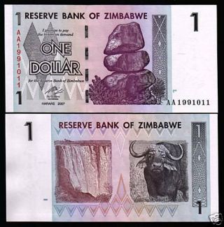 Zimbabwe 1 Dollar P65 2007 Buffalo Unc Aa Animal 50 & 100 Trillion Series Note