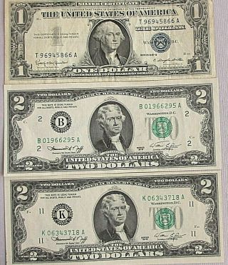Two Crisp 1976 $2 Two Dollar Bills And 1957 Silver Certificate Folds