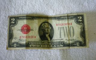 1928 Red Seal C $2 Dollar Bill U.  S.  Currency Circulated Folded No Holes Or Tears
